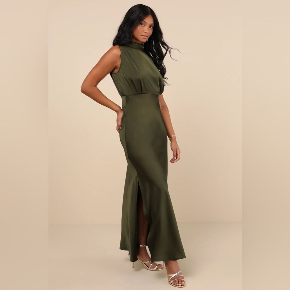 Lulus Classic Elegance Olive Satin Sleeveless Mock Neck Maxi Dress - Picture 11 of 16